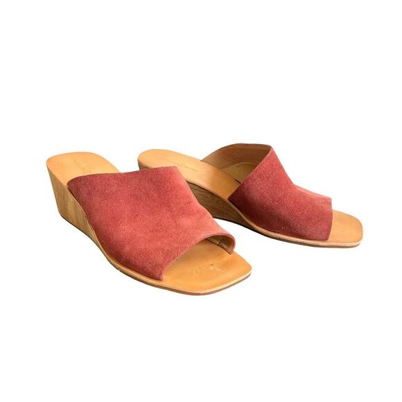 y2k‎ vtg. Burgundy suede wedge mule sandals with wooden wedge heel size 8 - Picture 3 of 7